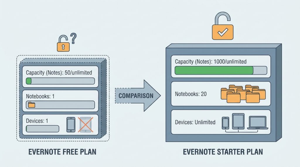 Evernote FreeとStarterのノート数・ノートブック数・同期台数の違いをまとめた比較表