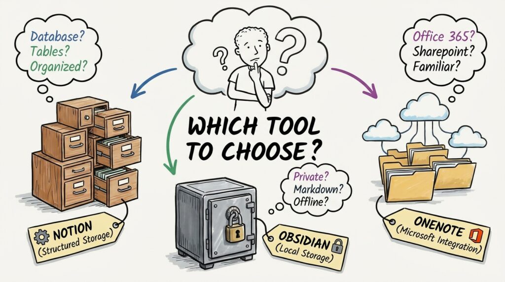 EvernoteとNotion・Obsidian・OneNoteの比較軸を並べた一覧図