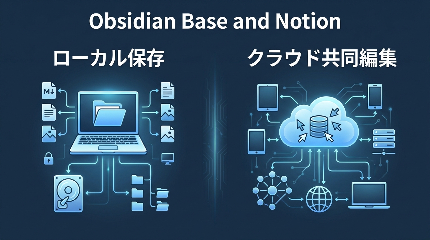 Obsidian BasesとNotion Databaseの移行判断を比較する図