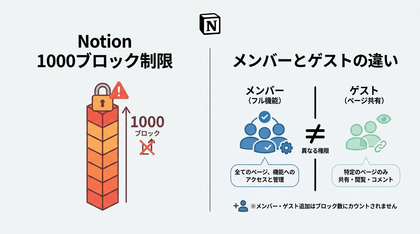 Notion無料プランの1000ブロック制限とメンバー・ゲストの違いを整理した図