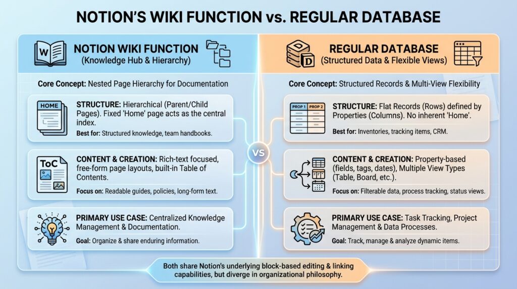 NotionのWikiと通常データベースの違いを整理した比較図