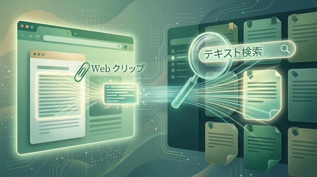 EvernoteのWebクリップと画像内文字検索で情報を探す流れのイメージ