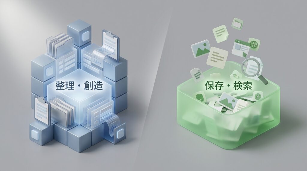 Notionの構造化とEvernoteの保存庫という役割の違いを比較したイメージ