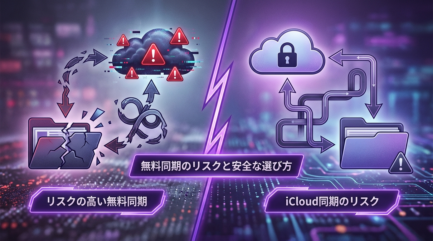 Obsidianの無料同期とiCloud同期のリスクを比較する画面