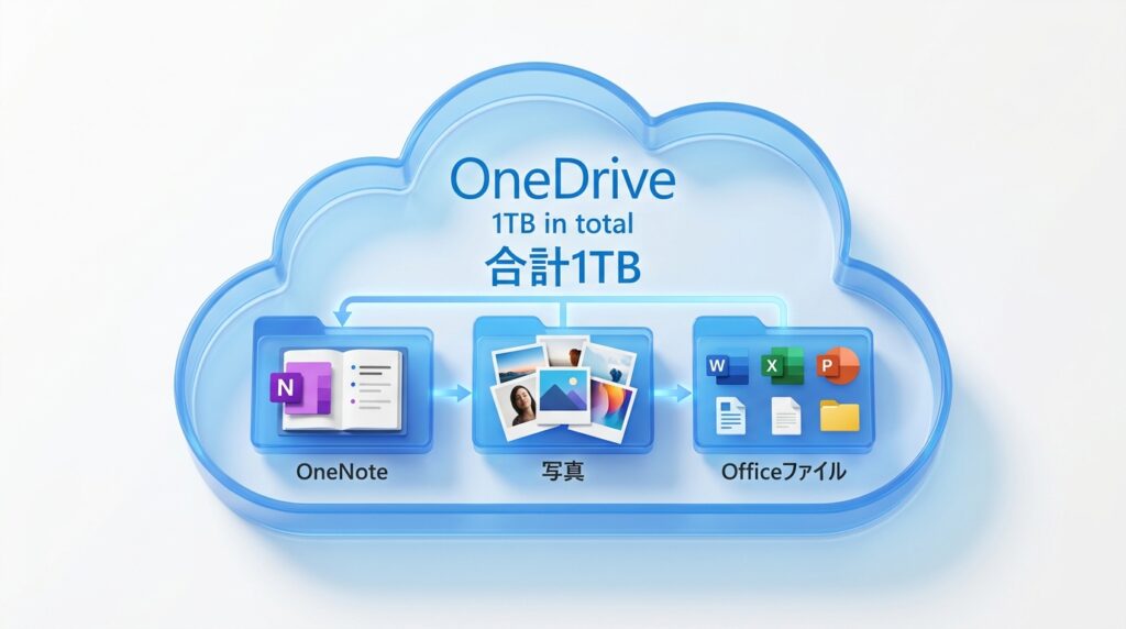 OneNoteとOneDrive容量の関係を示す図