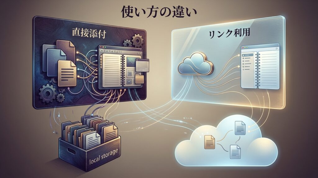OneNoteに直接添付する運用とOneDriveリンク運用の違いを示す比較図
