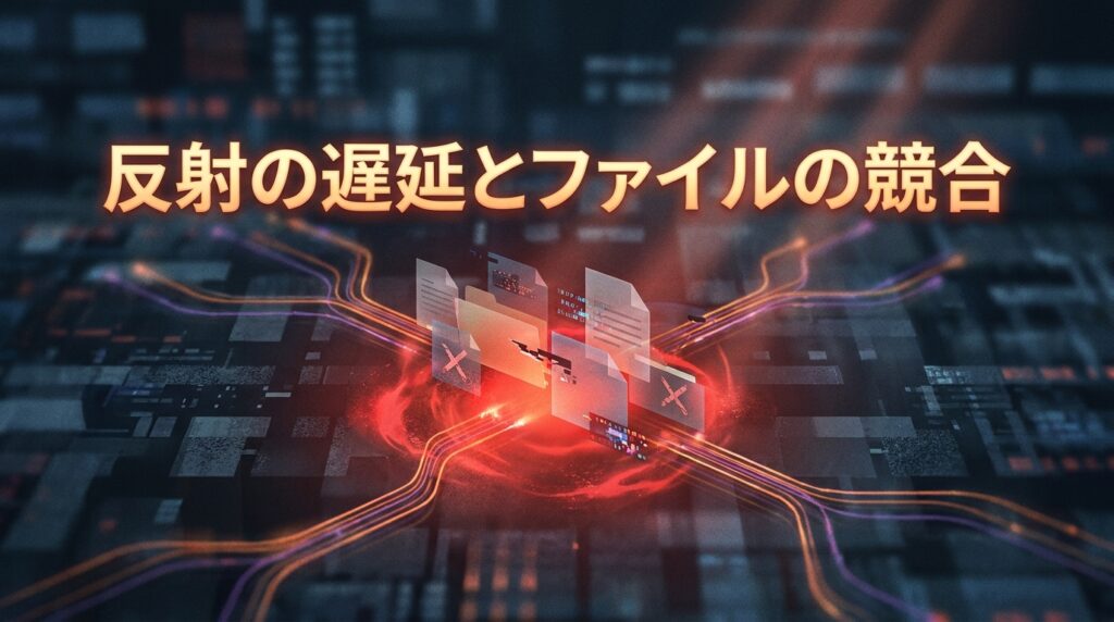 iCloud同期で反映遅れや競合が起きる流れを示す図