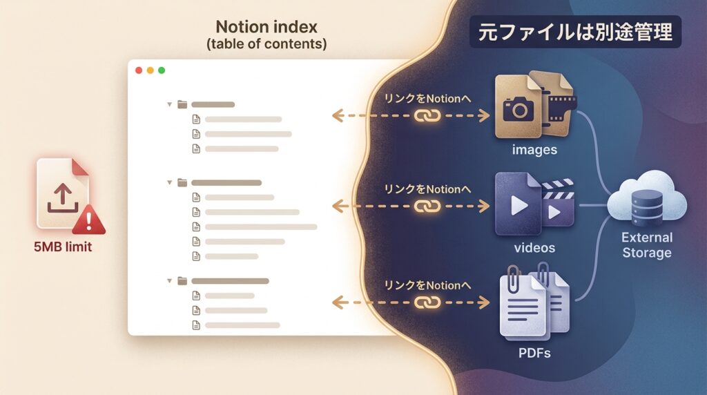 5MB以上の大きなファイルは別管理にしてNotionにはリンクを置く運用