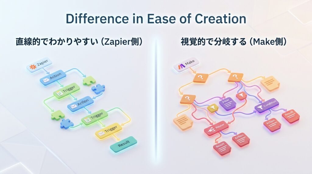 ZapierとMakeの作りやすさと無料枠の違いを比較した表